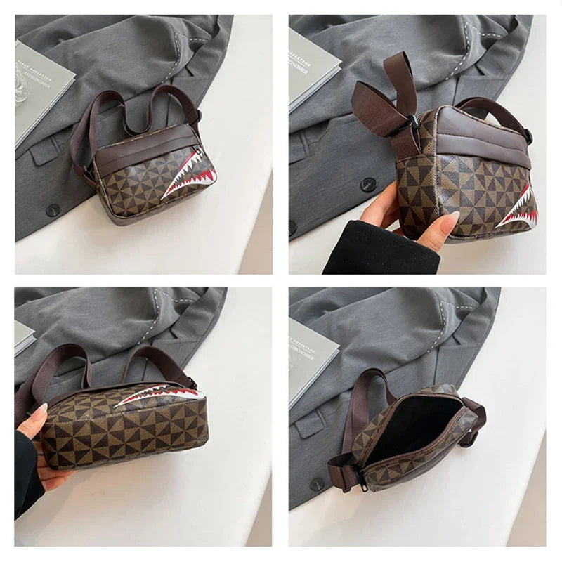 Collage of a small brown bag with shark mouth design held against a gray jacket.