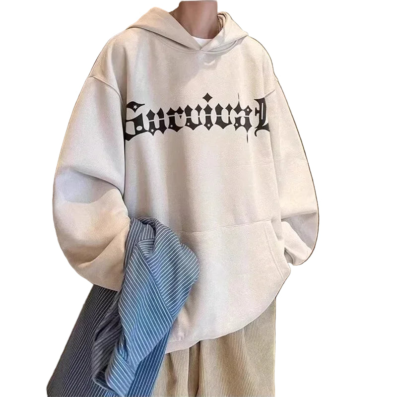 Beige hoodie with text design on a neutral background