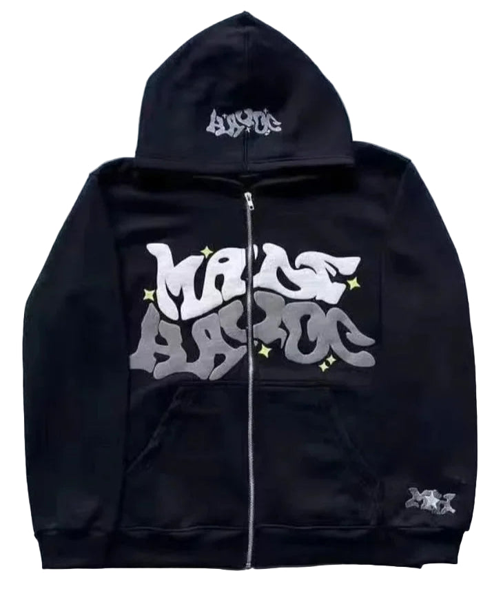 Black hoodie with white and gray text design on a gray background