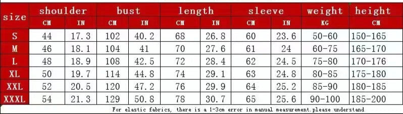 Sweatshirts size chart with measurements and dimensions.