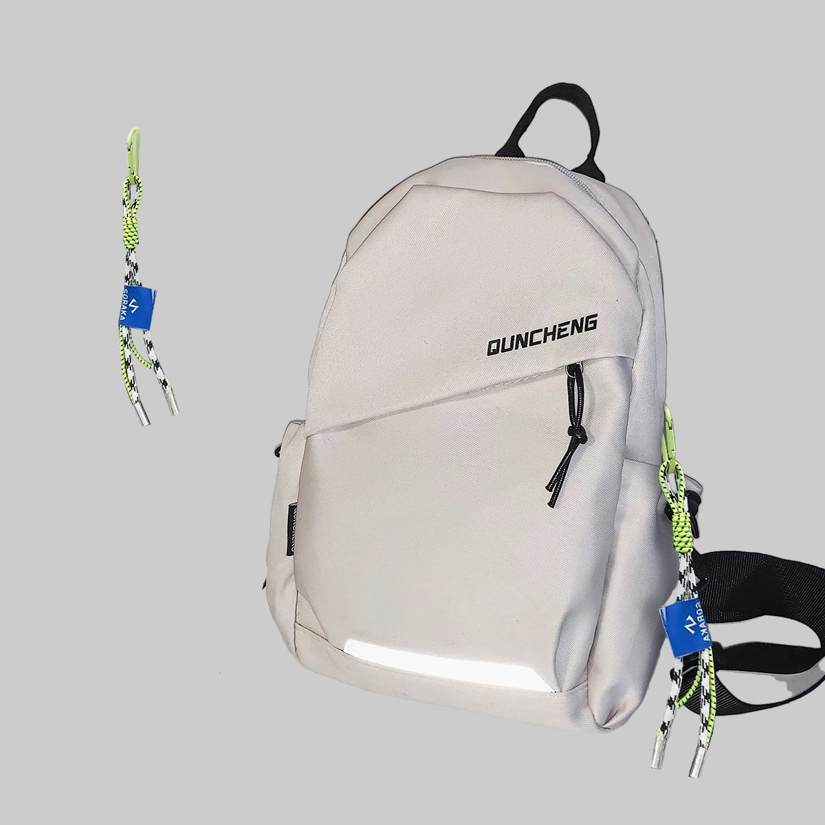 Beige backpack with 'QUNCHENG' branding on a white surface.
