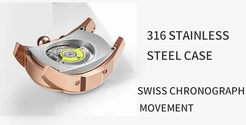 Watch with unique sports shape, DLC ion plating, 316 stainless steel case, and Swiss chronograph movement.