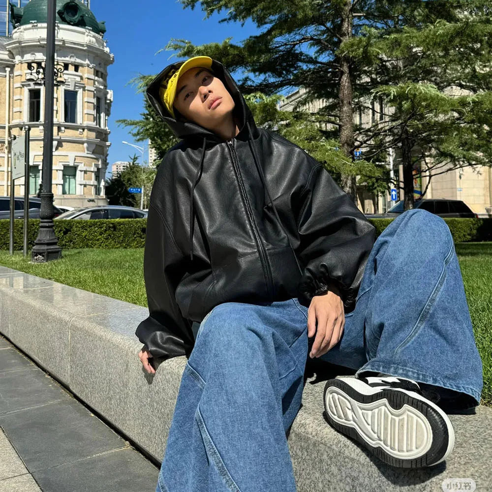 Leather Oversized Hooded Windbreaker