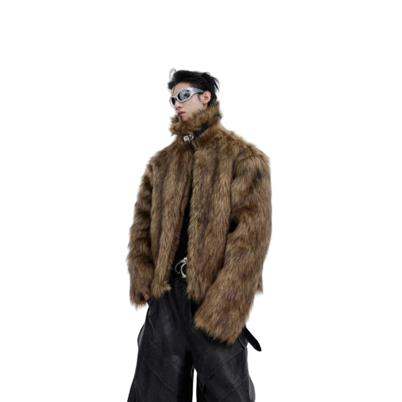 Person wearing a fur coat and sunglasses on a white background