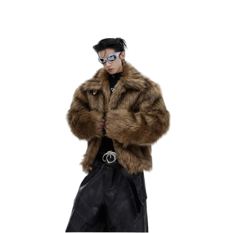 Person wearing a fur coat and sunglasses on a white background
