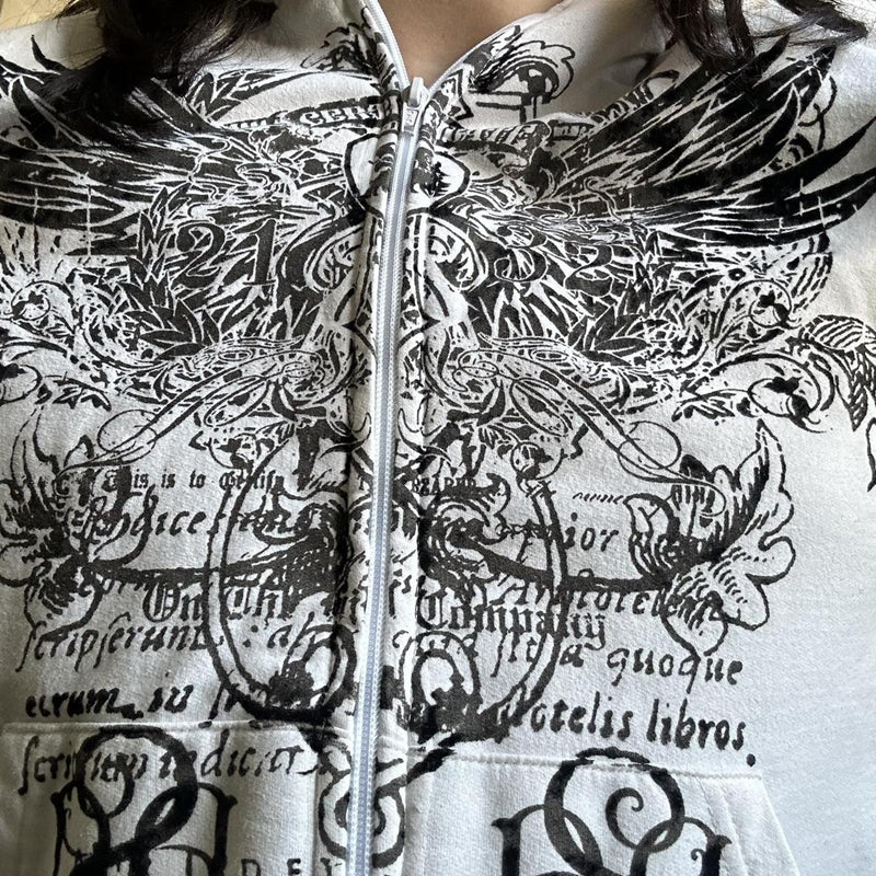 Hoodie with black winged design and text on a white background