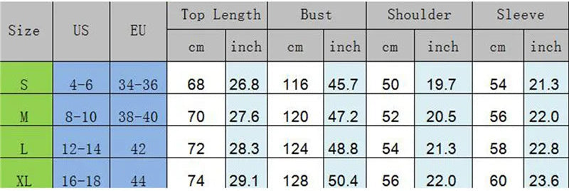 Size chart for clothing measurements in centimeters and inches