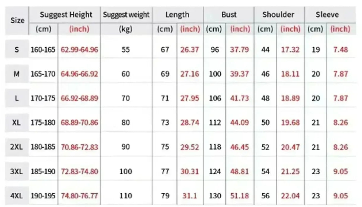Size chart for shirts with measurements in centimeters and inches.