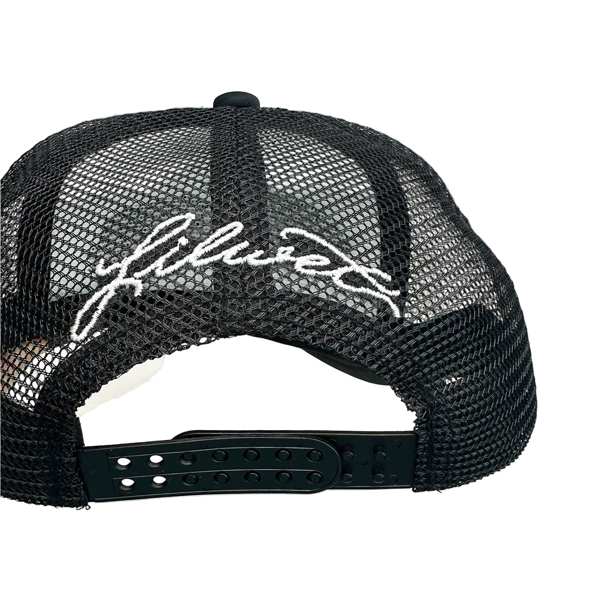 Black mesh cap with white embroidered logo on a light gray background