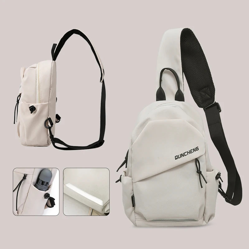 White sling bag with black strap on a light gray background, featuring the brand 'DUNCHENG'.