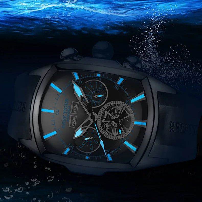 Watch with blue glowing faces underwater, labeled 'Swiss Luminous Guide'.