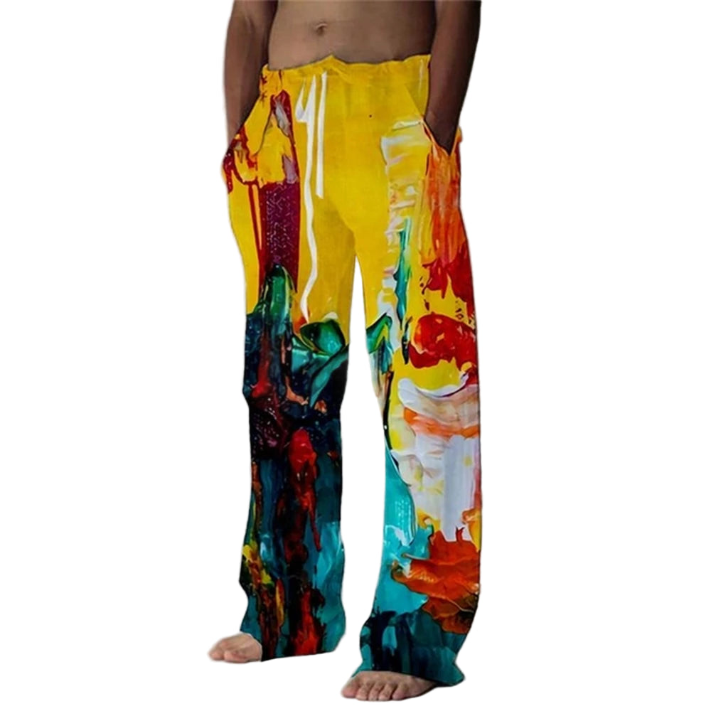 Colorful abstract-patterned pants worn by a person on a plain background
