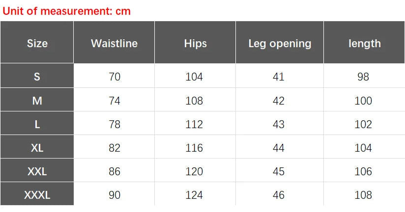Size chart for pants with measurements in centimeters