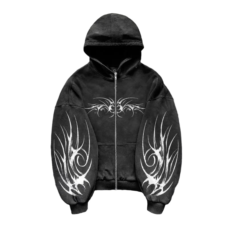 Black hoodie with white tribal designs on a textured gray background