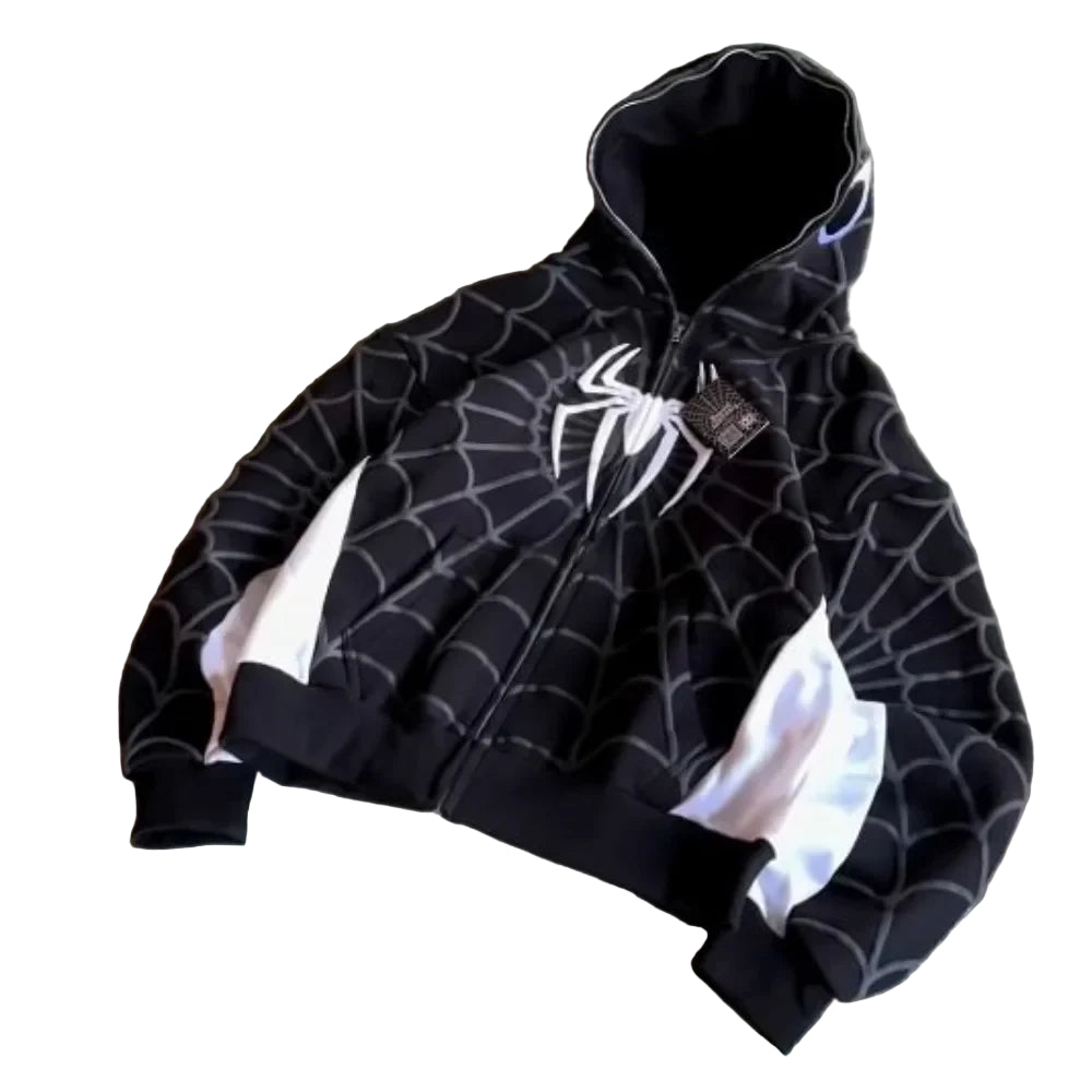 Black Spider-Man hoodie with white accents on a textured surface