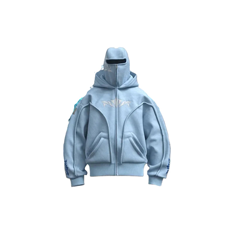 Light blue hoodie with futuristic design elements in a fantasy landscape