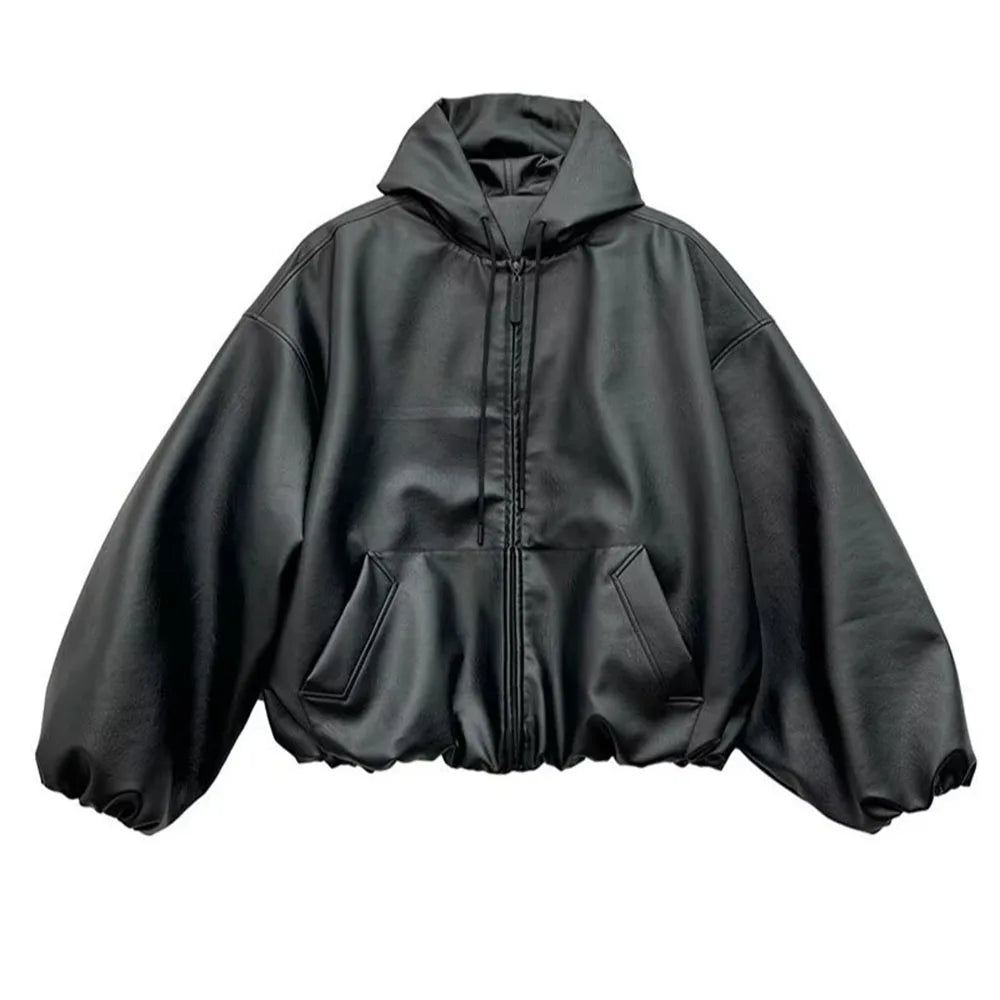 Leather Oversized Hooded Windbreaker