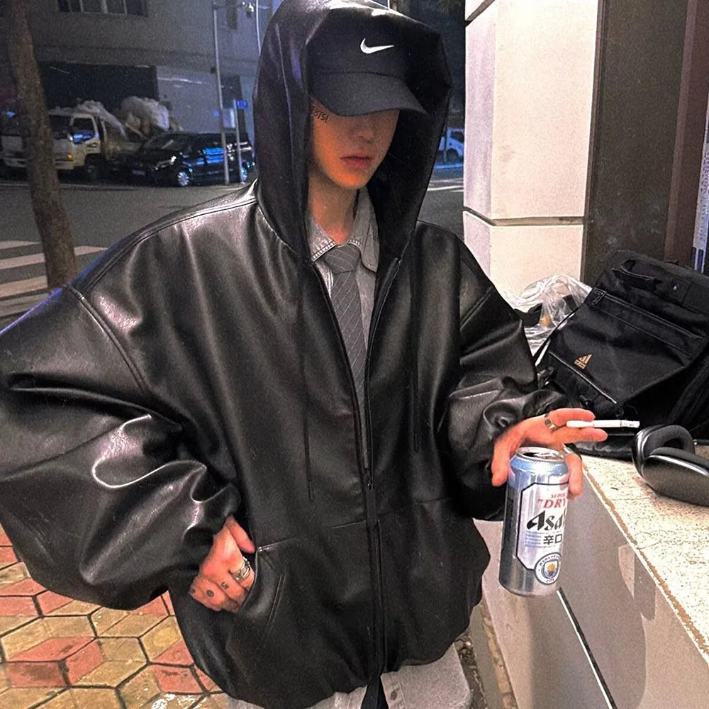 Leather Oversized Hooded Windbreaker