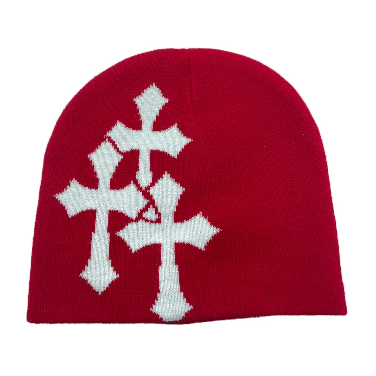 Red beanie with white cross patterns on a light gray background