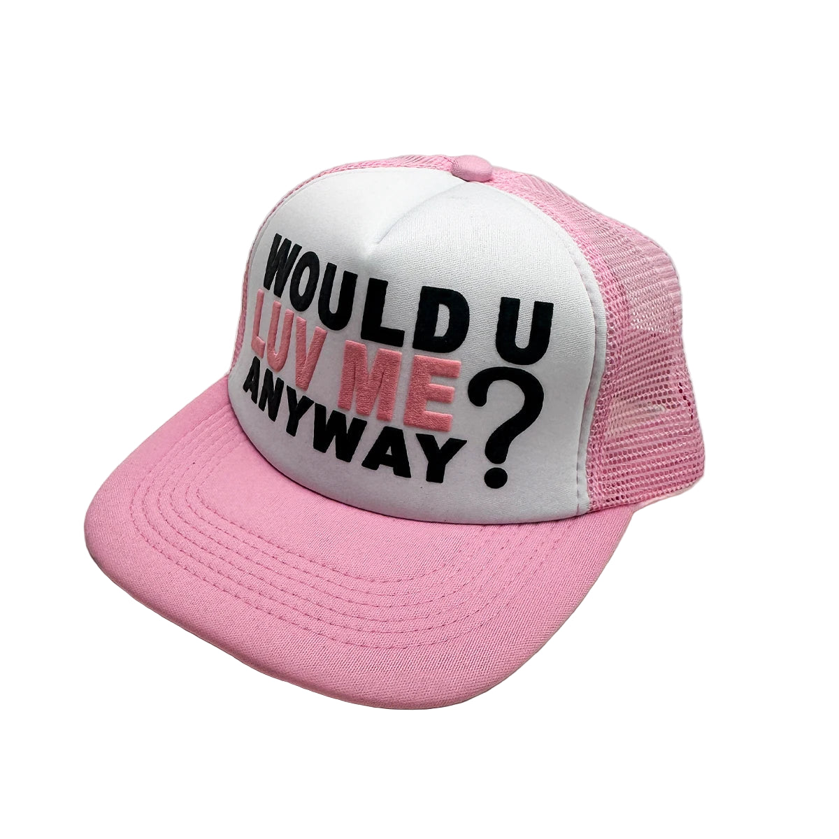 Pink and white cap with text on a light gray background