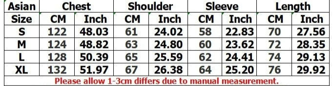 Clothing size chart with measurements in centimeters and inches