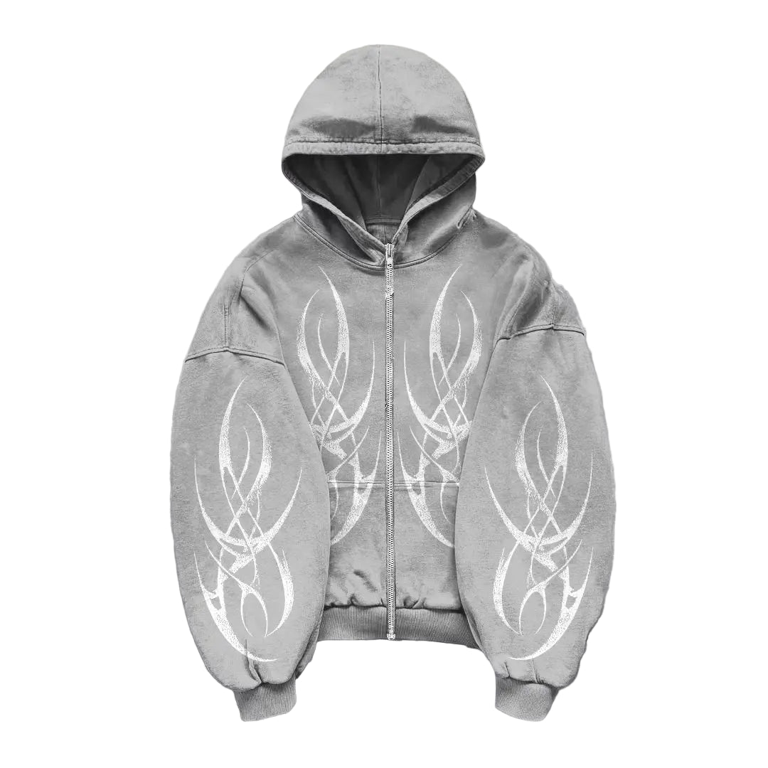 Gray hoodie with white tribal designs on a gray background