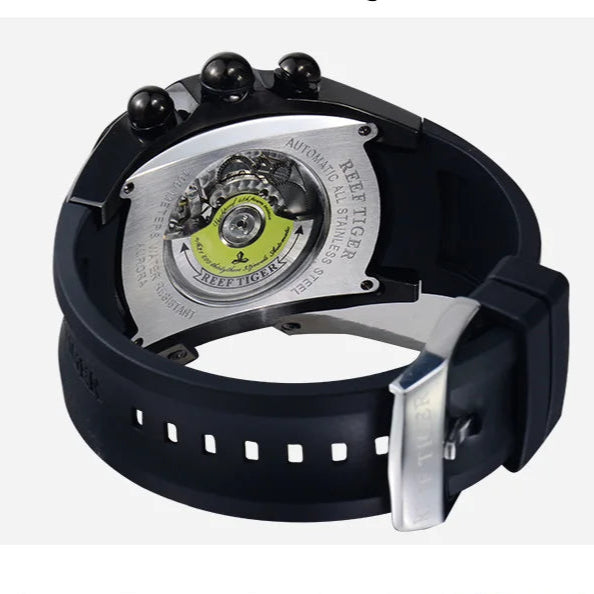 Close-up of a black watch with a rose gold buckle on a white background