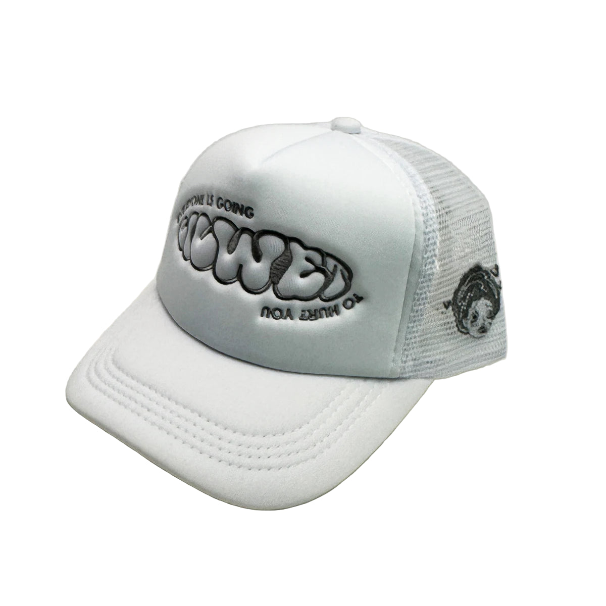White cap with black text and graphics on a light gray background