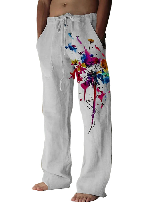 White pants with colorful floral design on a plain background