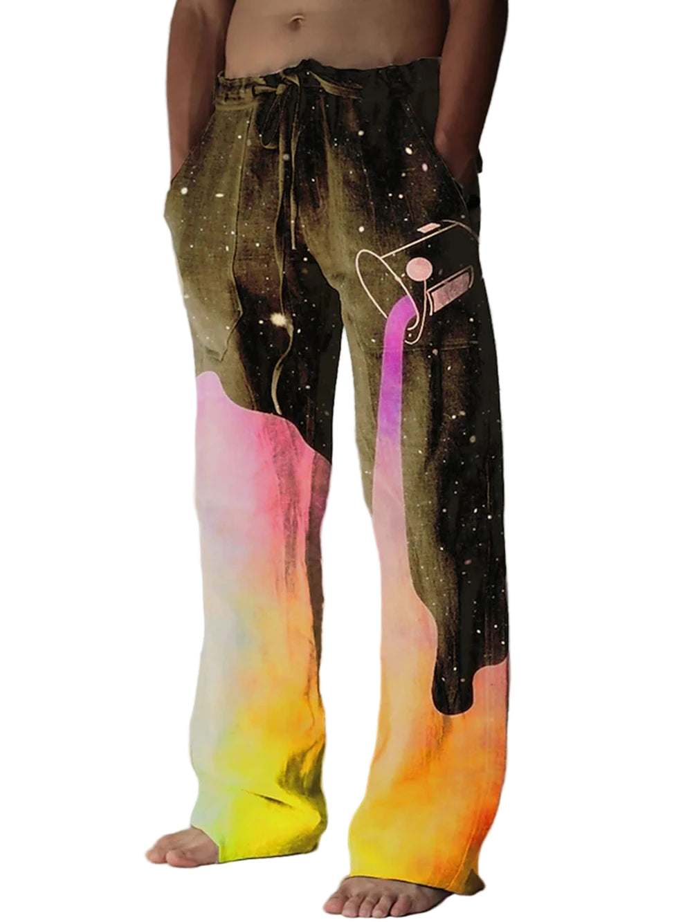 Person wearing colorful pants with abstract design on a plain background