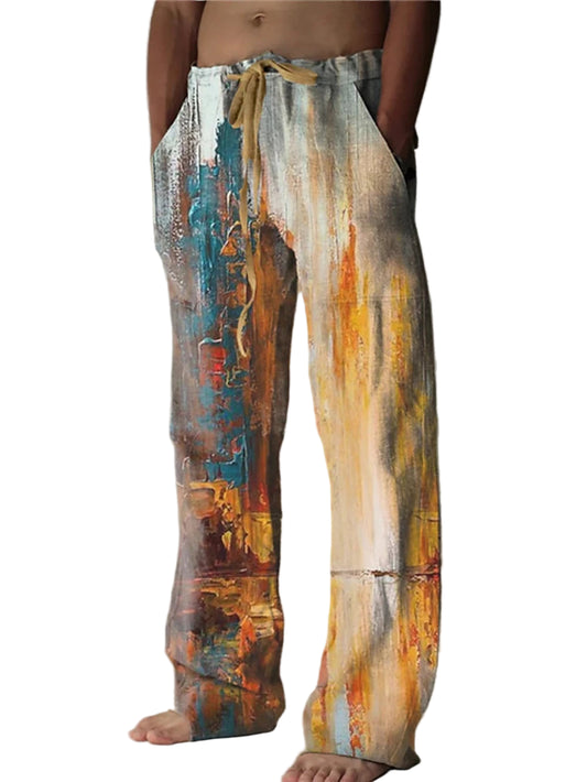 Person wearing colorful abstract-patterned pants on a plain background