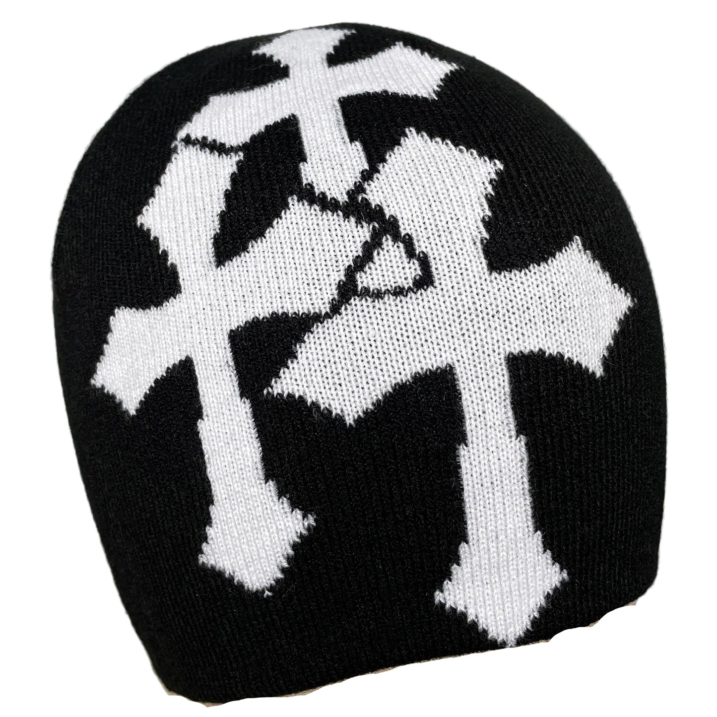 Black knit beanie with white cross design on a gray background
