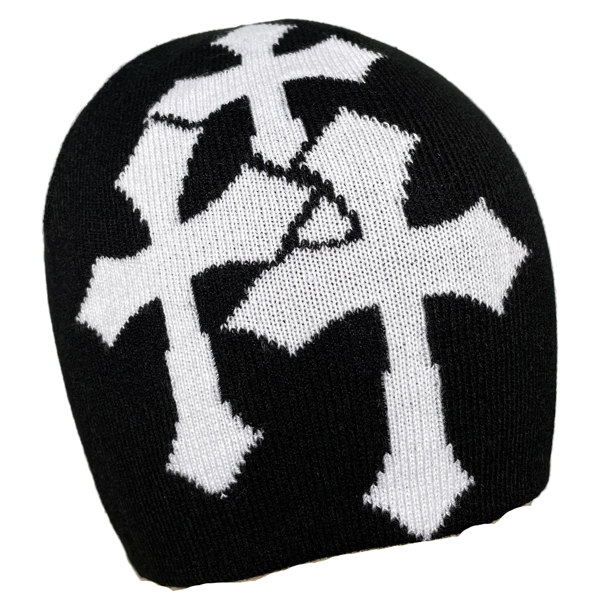 Black knit beanie with white cross design on a gray background