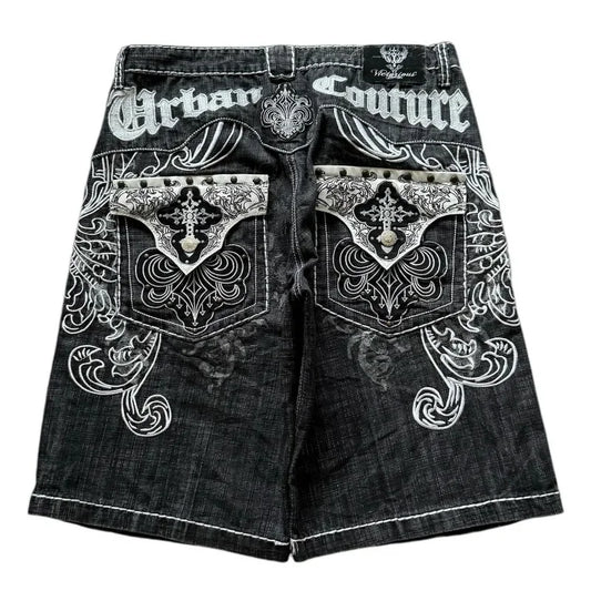 Dark Retro Pattern Embroidery Denim Shorts