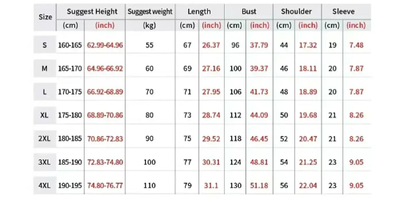 Size chart for shirts with measurements in centimeters and inches.