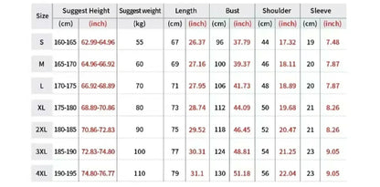 Size chart for shirts with measurements in centimeters and inches.