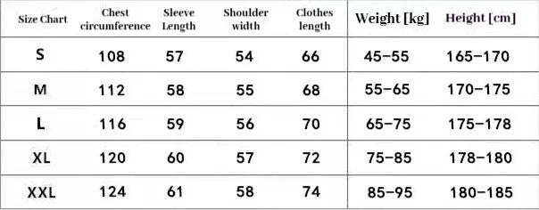 Size chart for clothing with measurements in centimeters and kilograms
