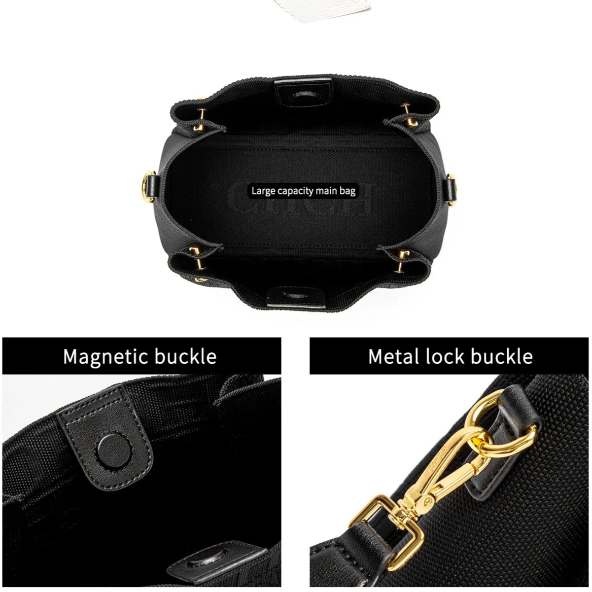 Black handbag with magnetic and metal lock buckles, displayed on a white background.
