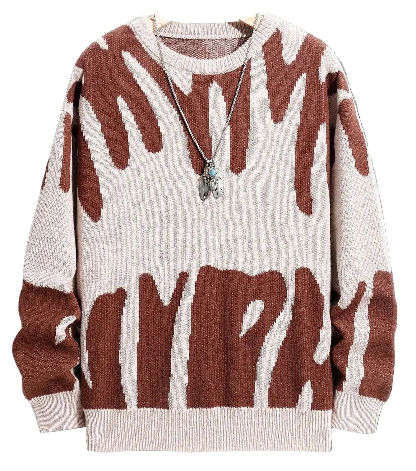 Brown and white patterned sweater on a hanger against a grid background