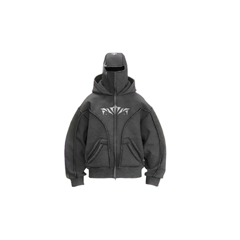 Gray hoodie with a brand logo against a fantasy-themed background with purple wings and flowers.