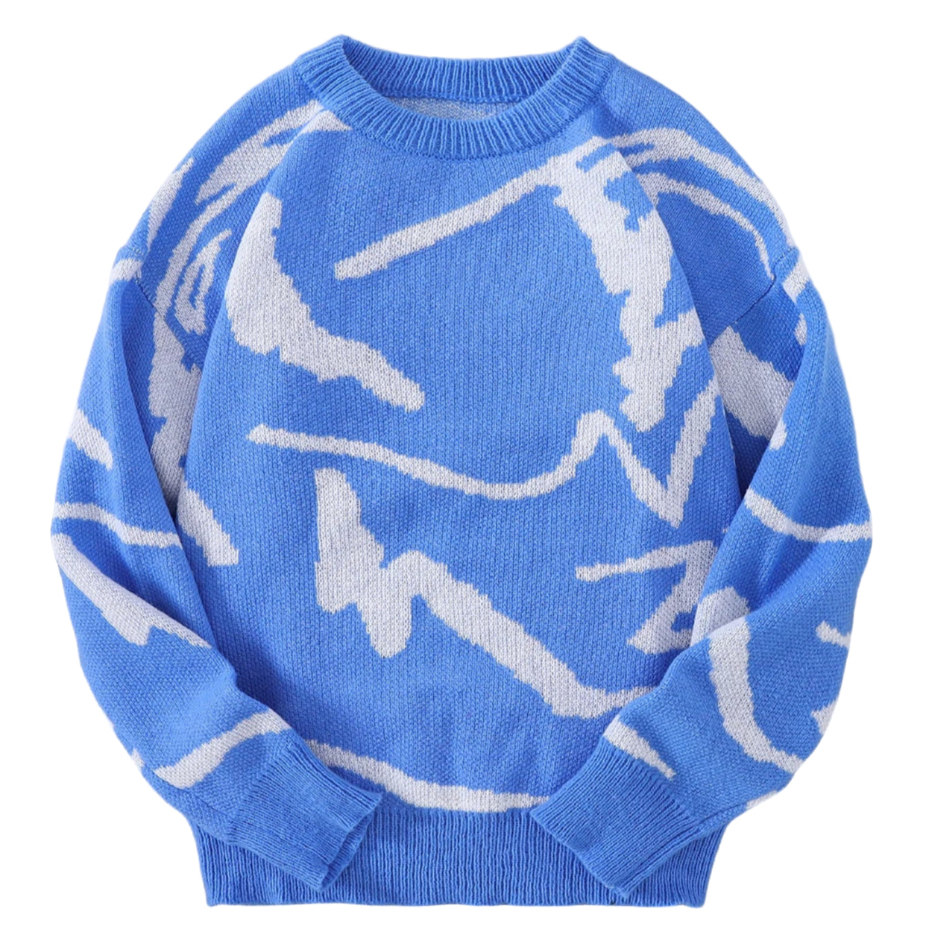 Blue sweater with white abstract patterns on a gray surface with a white textured background
