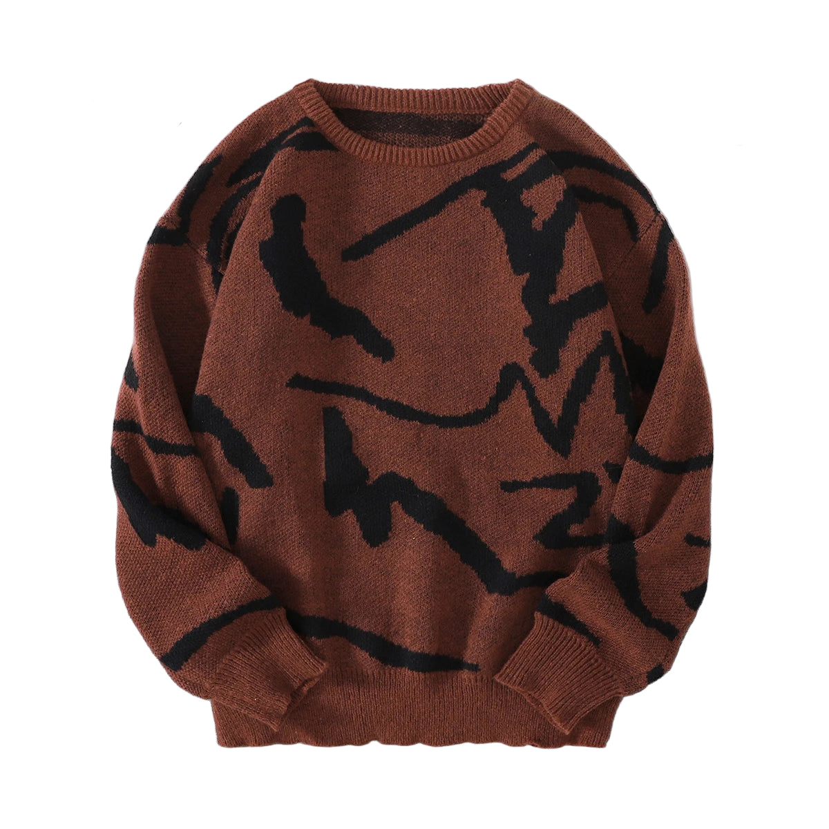 Brown sweater with black abstract patterns on a gray surface