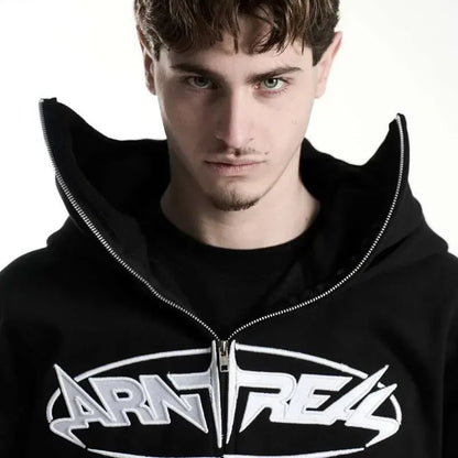 Man wearing a black hoodie with 'Arntreas' logo on a white background