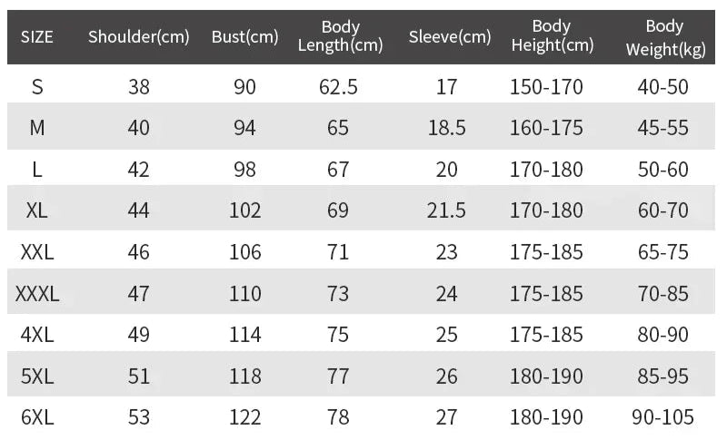Size chart for shirts with measurements in centimeters and weight ranges.