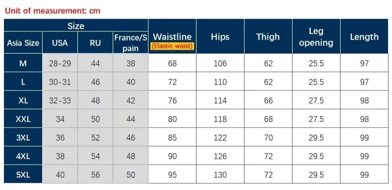Size chart for pants with measurements in centimeters