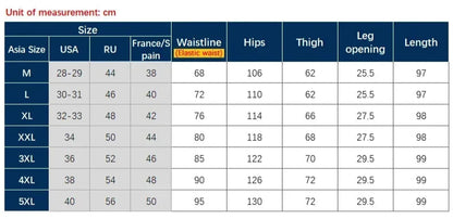 Size chart for pants with measurements in centimeters