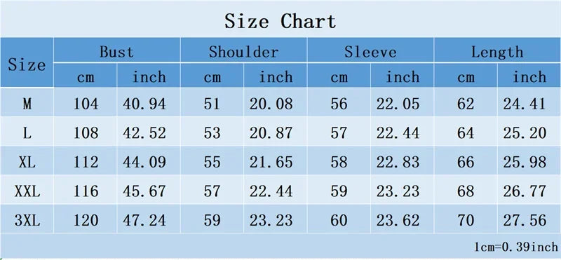 Size chart for clothing measurements in centimeters and inches