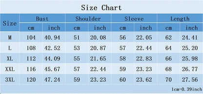 Size chart for clothing measurements in centimeters and inches