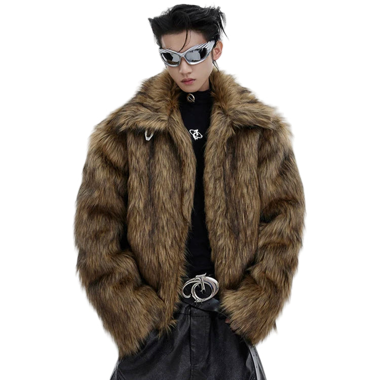 Person wearing a fur coat with a white background, featuring the brand 'mauroicardi'.
