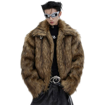 Person wearing a fur coat with a white background, featuring the brand 'mauroicardi'.